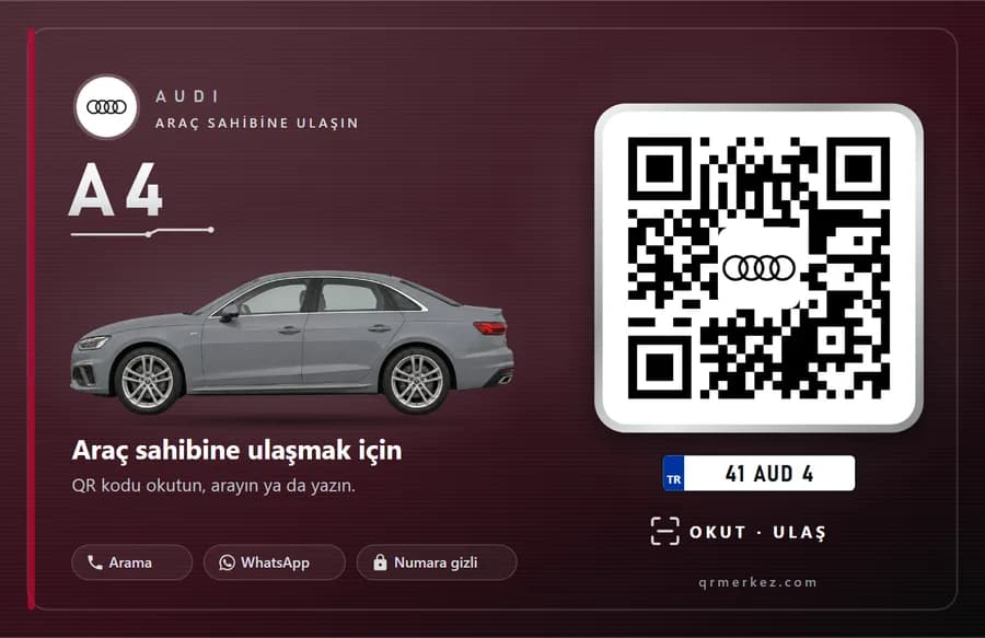 Audi A4 gri için Kart tasarımlı araç iletişim QR etiketi