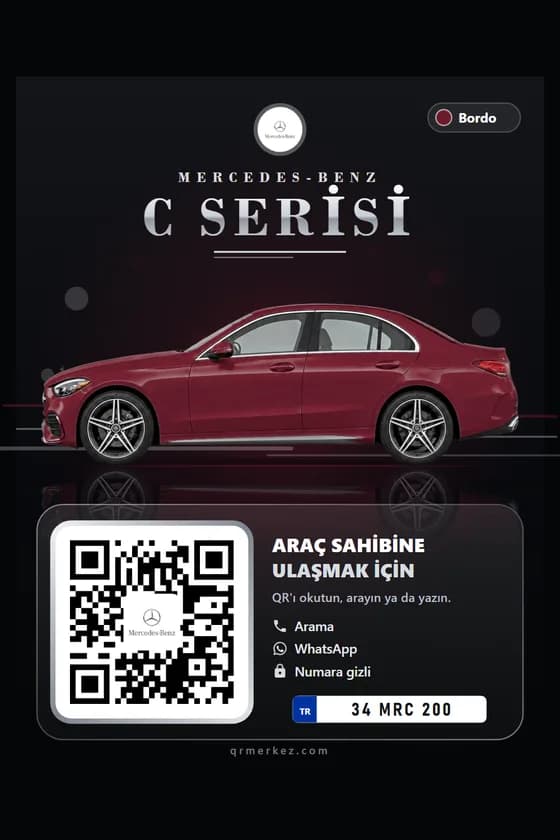 Mercedes-Benz C Serisi bordo için Gece tasarımlı araç iletişim QR etiketi