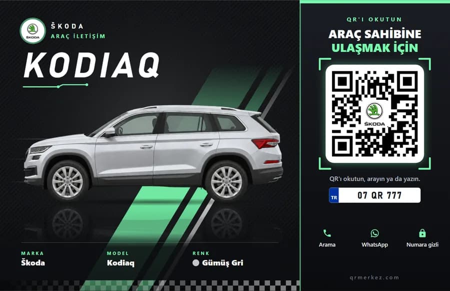 Škoda Kodiaq gümüş gri için Yarış tasarımlı araç iletişim QR etiketi