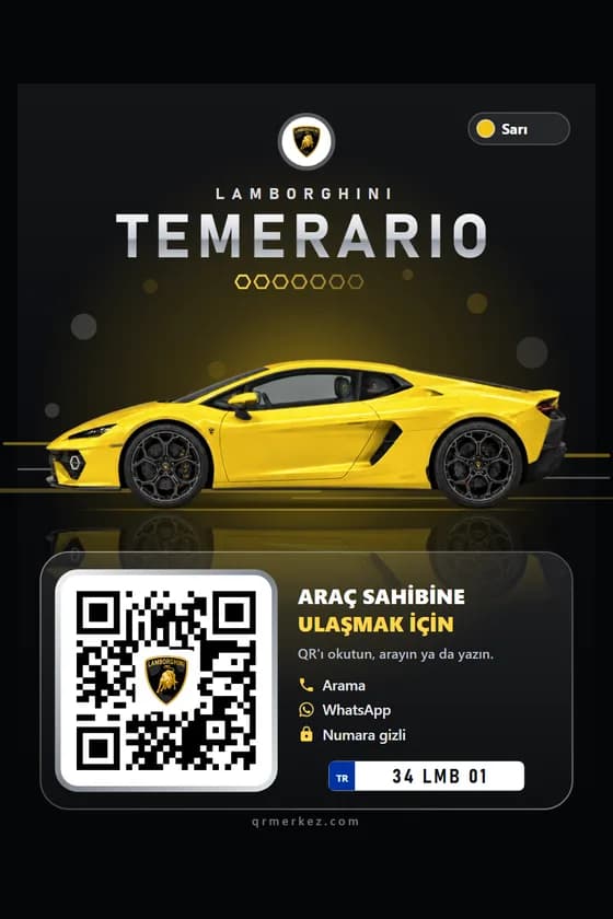 Lamborghini Temerario sarı için Gece tasarımlı araç iletişim QR etiketi