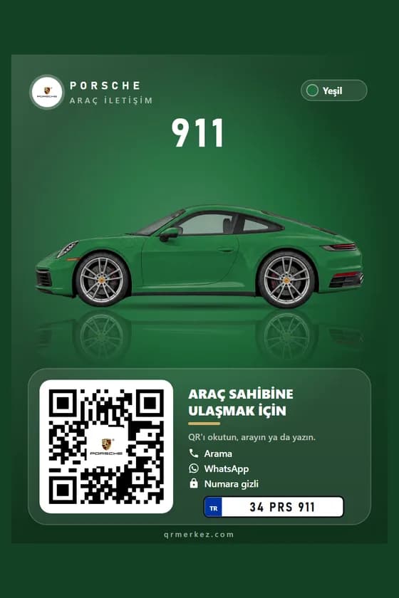 Porsche 911 yeşil için Monokrom tasarımlı araç iletişim QR etiketi