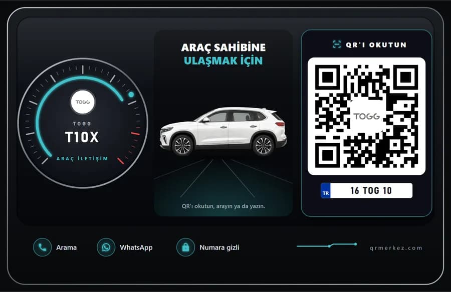 Togg T10X beyaz için Gösterge Paneli tasarımlı araç iletişim QR etiketi