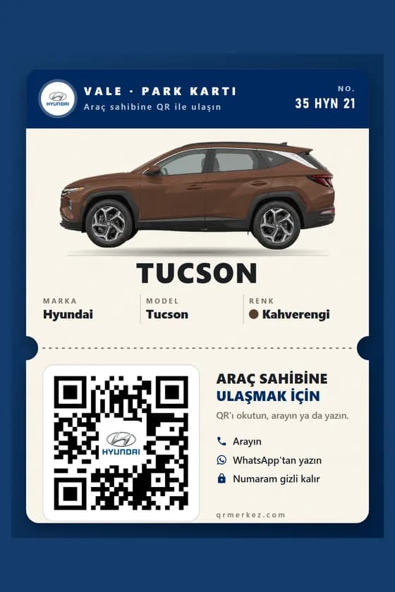 Hyundai Tucson kahverengi için Vale Bileti tasarımlı araç iletişim QR etiketi