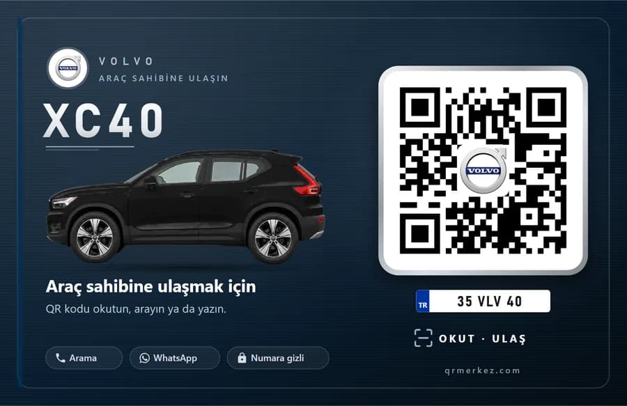 Volvo XC40 siyah için Kart tasarımlı araç iletişim QR etiketi